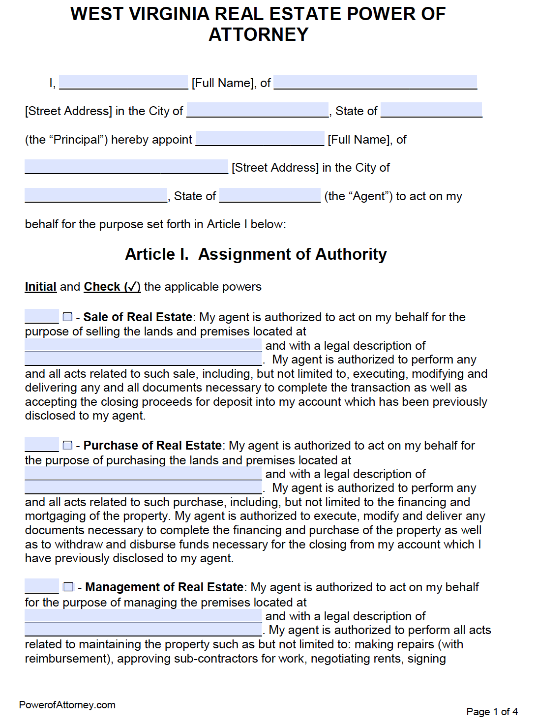 Free Real Estate Power of Attorney West Virginia Form PDF Word