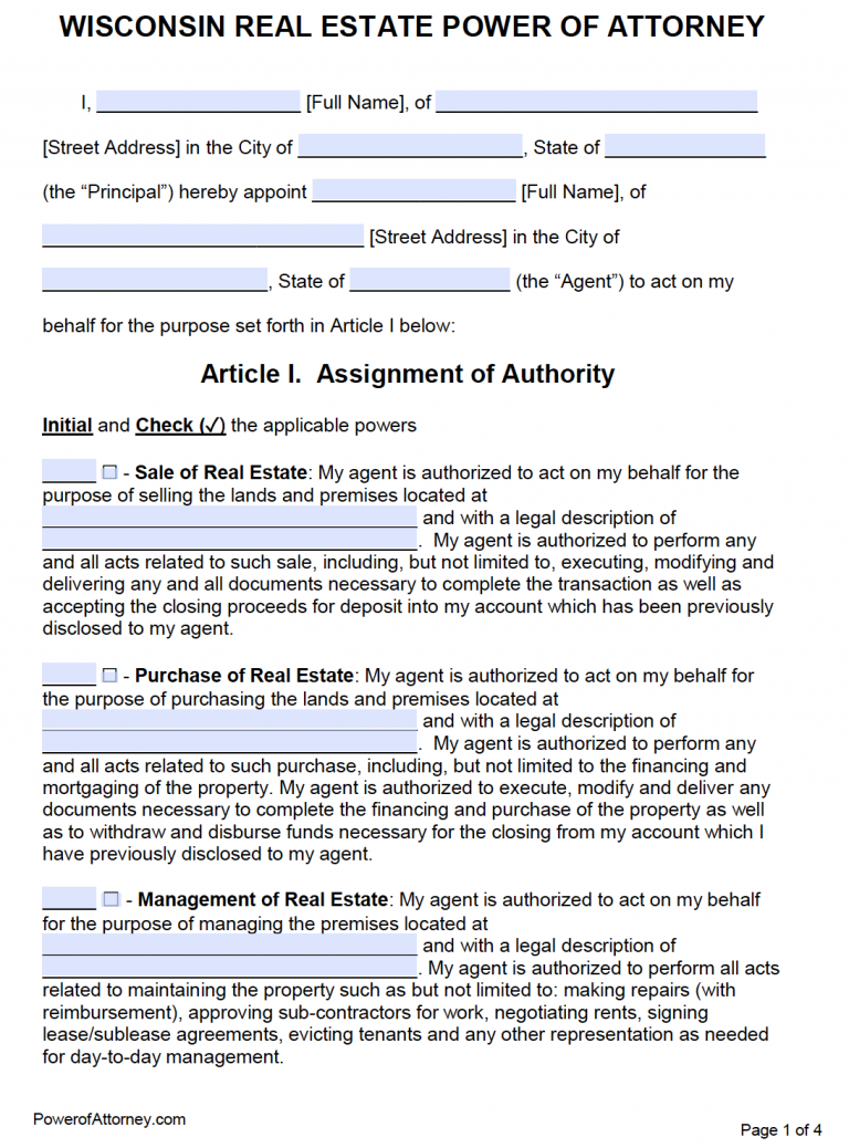 Free wisconsin power of attorney forms pdf templates